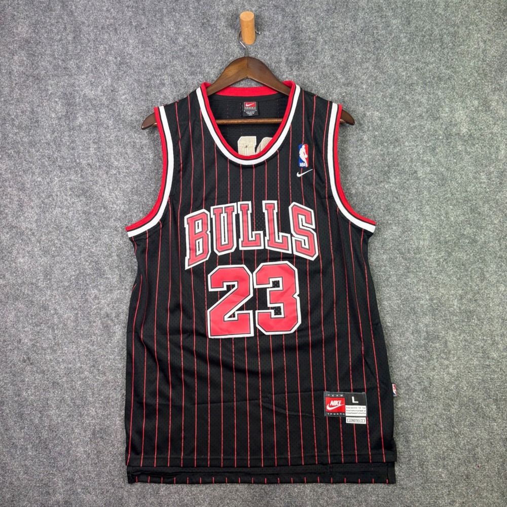 Nike Chicago Bulls Jersey Mens L Black Jordan 23 Pinstripe NBA Basketball Mesh